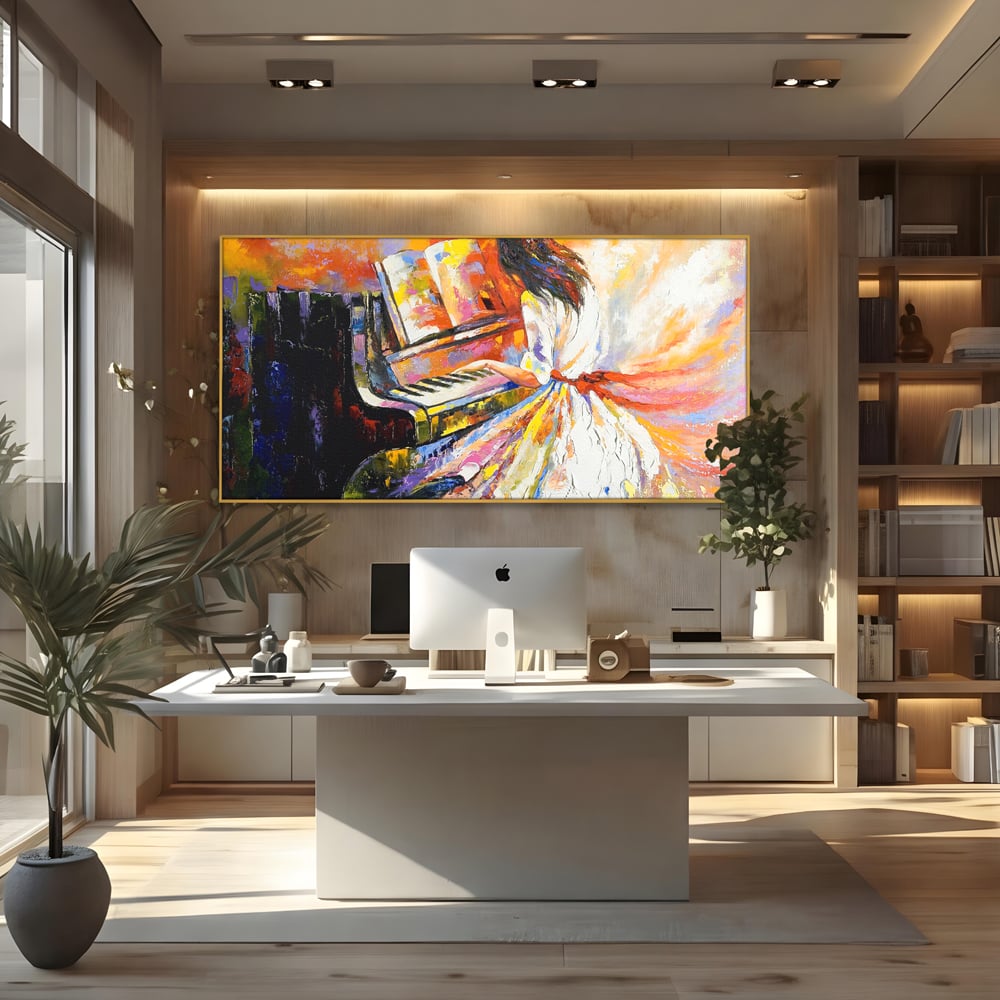 Tablou canvas cu pictura cu femeie cantand la pian, in rama de aluminiu auriu, pe perete intr-un birou